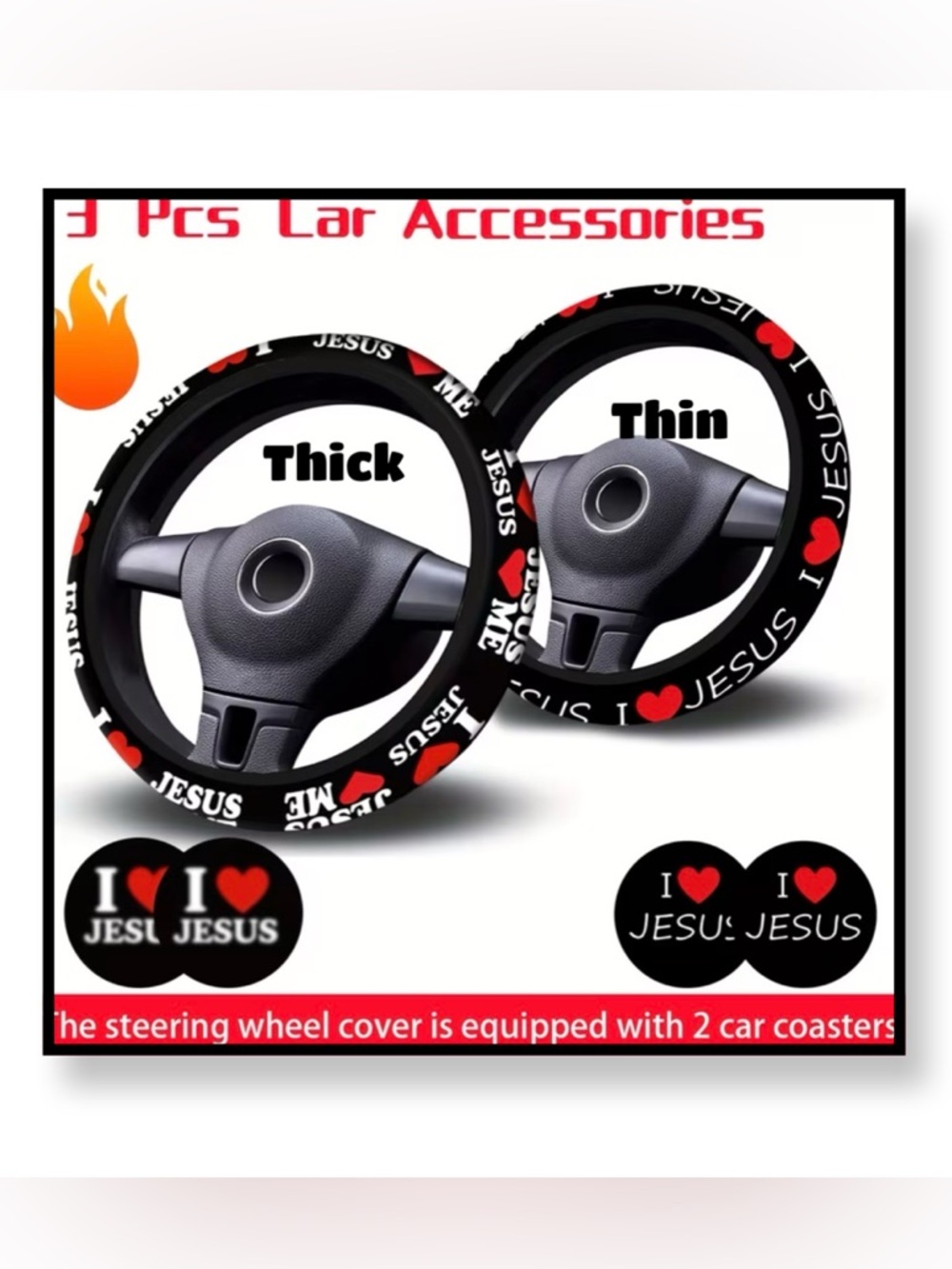 🆕 3pc “I ❤️ Jesus” Black Steering Wheel Cover with Red Heart Accents